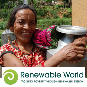 A Nepalese woman carrying a metal container and smiling into the camera and the Renewable World logo