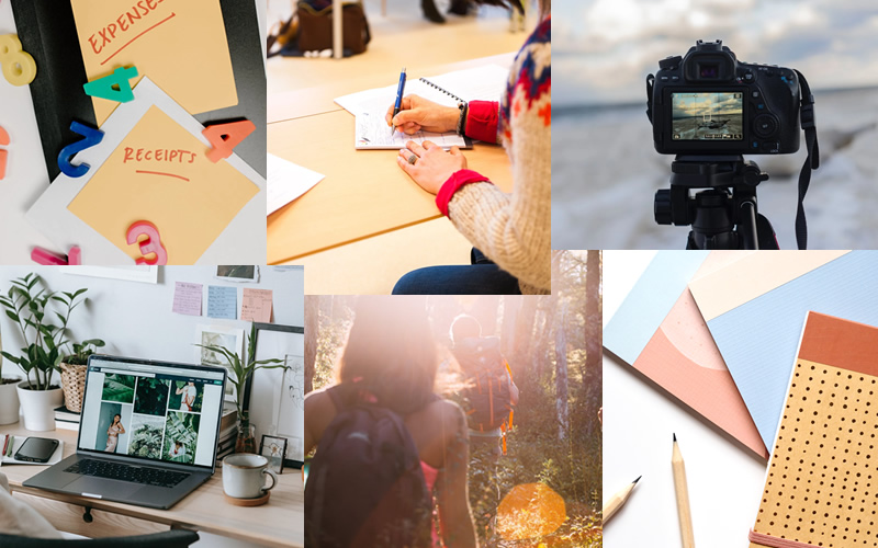 A montage of images to represent different businesses - numbers, camera, pencils and notepad, people walking in the forest, laptop on a desk, person writing in a book