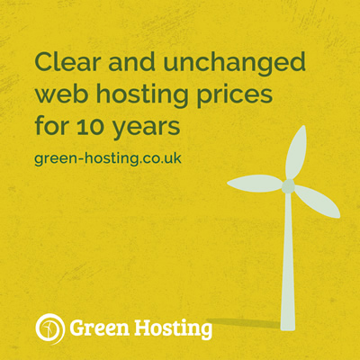 A yellow background and a white illustrated wind turbine with the text 'clear and unchanged web hosting prices for 10 years' and the Green Hosting logo