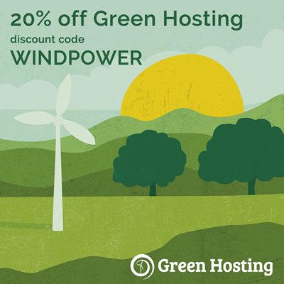 Illustrated scene of green hills, trees, sky, sun and a wind turbine with the text 20% off Green Hosting discount code WINDPOWER