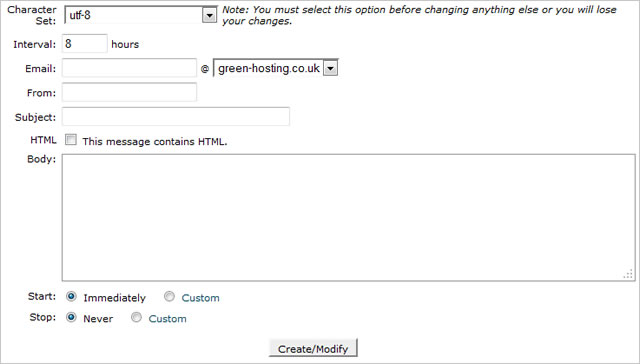 Image of the form used to add an e-mail auto responder