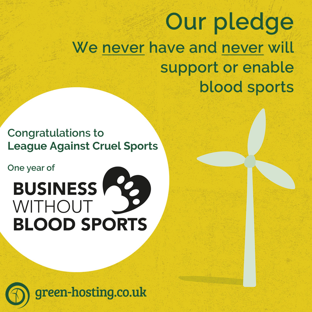 A yellow background showing a wind turbine and green hosting logo. The Business Without Bloodsports pledge badge and text 'We never have and never will support or enable blood sports'.